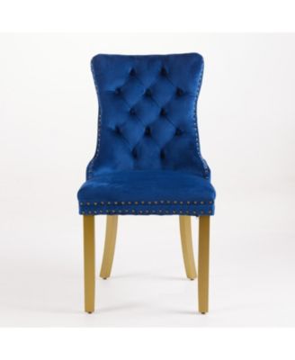 Mid-Century Tufted Velvet Dining Chairs, Lion Head Ring, Gold Legs, Blue, 2-Pcs