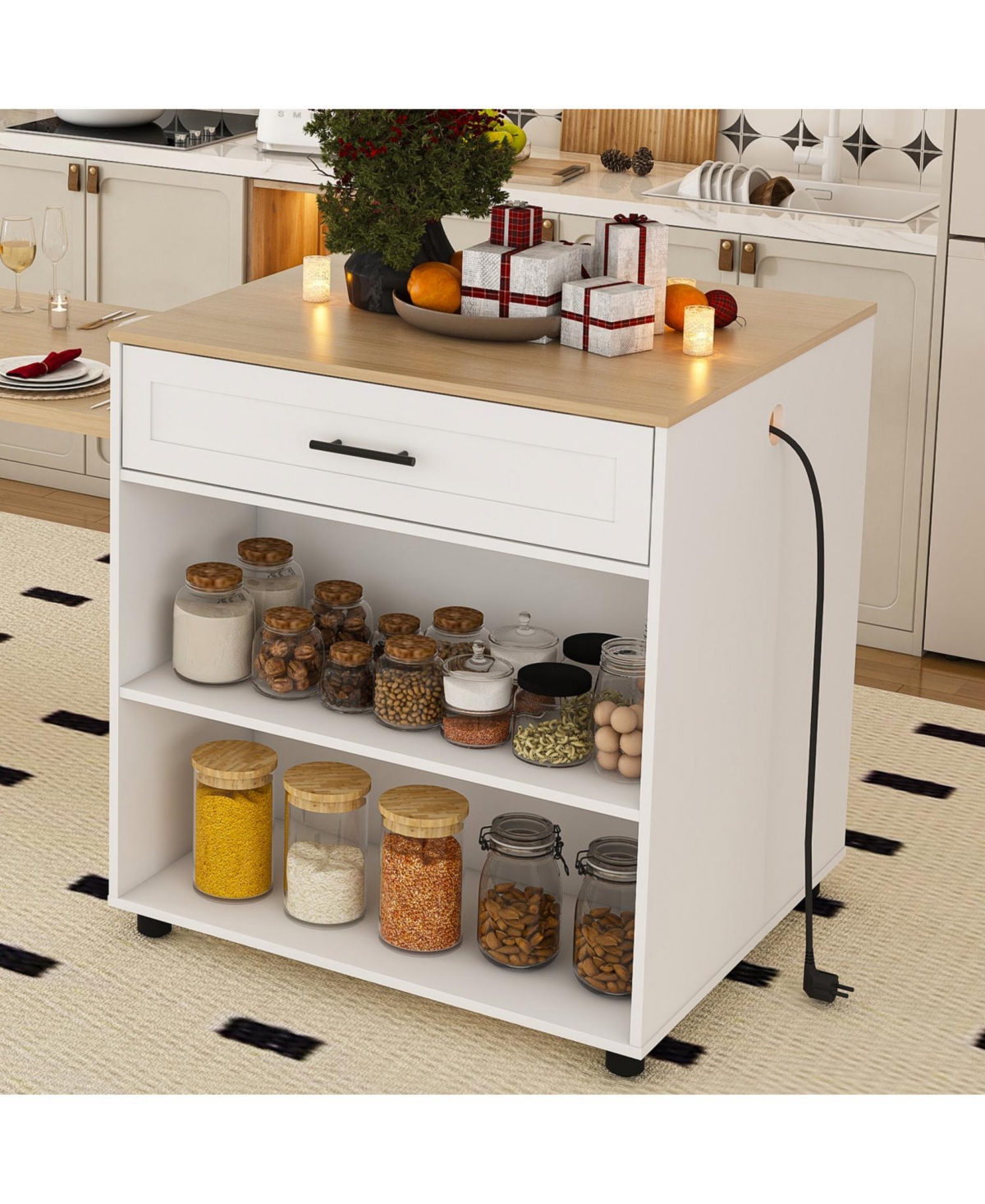 Streamdale Furniture 80" Expandable Kitchen Island, Solid Wood Top, Power Outlet, Mobile Cart