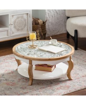 Streamdale Round Wood Coffee Table, Glass Top, Curved Legs