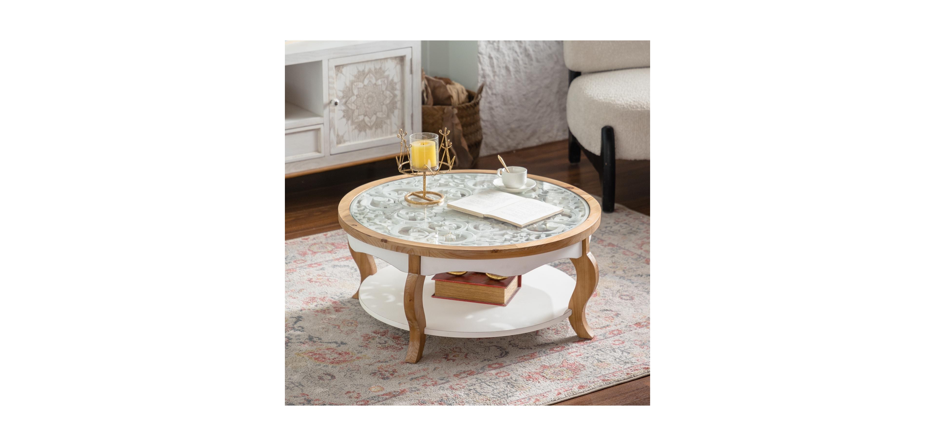 Streamdale Furniture Streamdale Round Wood Coffee Table, Glass Top, Curved Legs