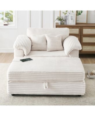 Corduroy Armchair Set w/ USB Ports & Storage Stool - White