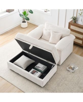 Corduroy Armchair Set w/ USB Ports & Storage Stool - White