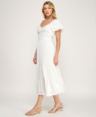 Juniors' Sweetheart Neck Puff-Sleeve Ruched Waist Midi Dress