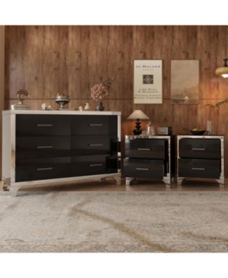  3-Pieces Sets,Dresser and Two Nightstands with Metal Handles and Mirror Decoration, Elegant and