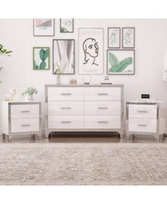  3-Pieces Sets,Dresser and Two Nightstands with Metal Handles and Mirror Decoration, Elegant and