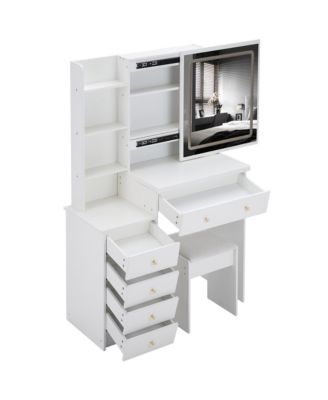 37" Bedside Vanity Table Set with - Cushioned Stool - AC/USB Sockets - Hair Dryer Stand - Touch Control LED Mirror