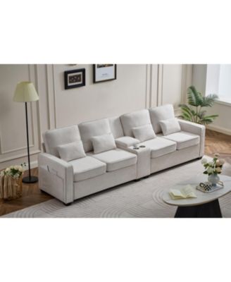114" Sofa w/ Console, Cupholders, USB Ports, Pillows