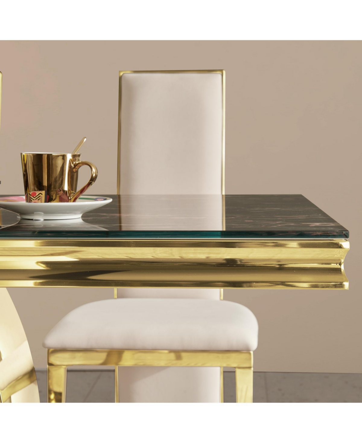 Streamdale Furniture Gold Stainless Steel Dining Table, Black Glass Top