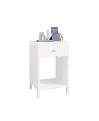 White Nightstand with Drawer & Shelf, Scalloped Edge Bedside Table