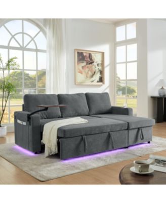 Streamdale Chenille Pull-Out Sofa Bed w/ Table, LED, USB & Cup Holders