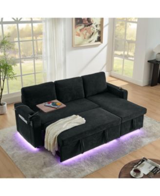 Streamdale Chenille Pull-Out Sofa Bed w/ Table, LED, USB & Cup Holders