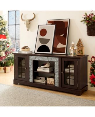 58" Modern TV Stand, 2-Door Storage, Faux Stone Media Console, Cherry