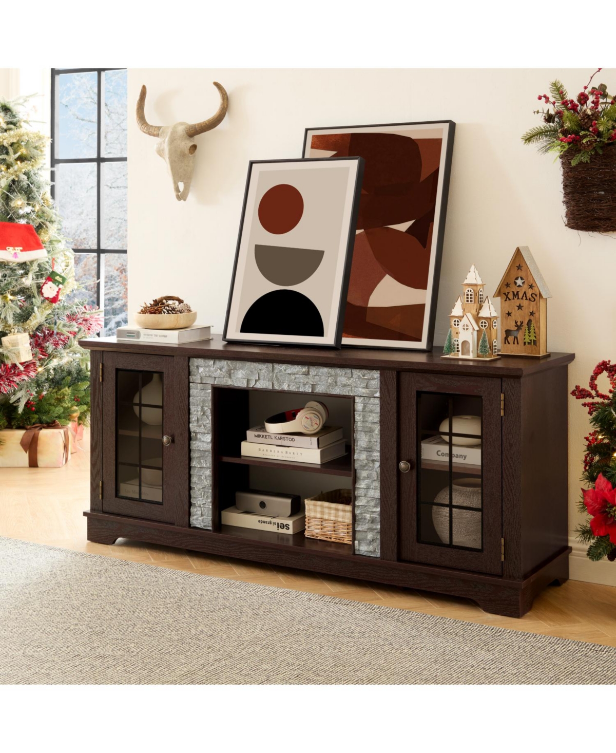 Streamdale Furniture 58" Modern Tv Stand, 2-Door Storage, Faux Stone Media Console, Cherry