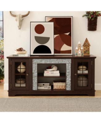 58" Modern TV Stand, 2-Door Storage, Faux Stone Media Console, Cherry