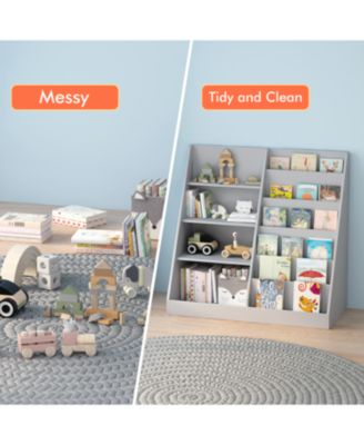 Kids Bookshelf Toy Storage Organizer, 4 Tier Wooden Bookcase, Gray