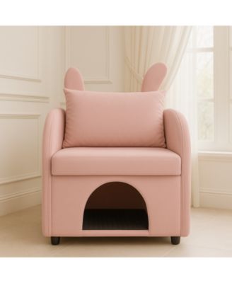 Velvet Pink Bunny-Ear Pet-Friendly Armchair with Cat & Dog Hideaway