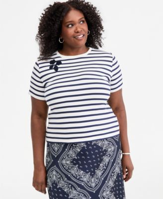 Trendy Plus Size Embroidered Striped Short-Sleeve Top