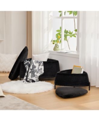 Upholstered Storage Ottoman Set with Metal Legs - Black