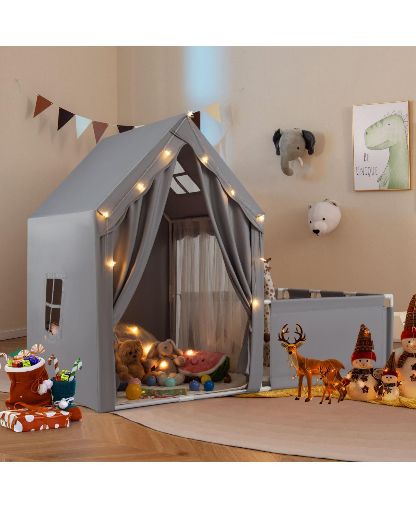 Детские игрушки Gymax Star Lights 3-Piece Play Tent with Playpen Set, Ages 3+, цвет: Серый — фото 4