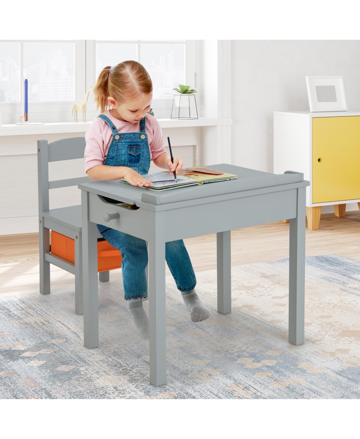 Gymax Kids Table and Chair Set Wood Activity Study Desk w/ Storage Drawer Hook