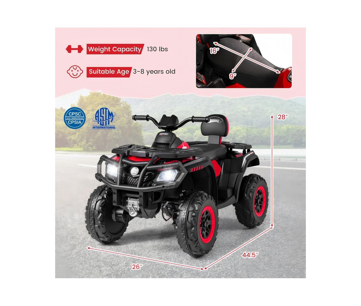 Детская игрушка HONGGE Electric Two-Seater ATV Ride-On Vehicle with Four Motors and Music, Ages 3-8, цвет: Красный — фото 4