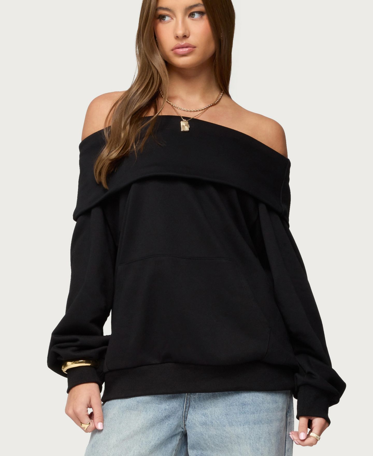 Женский свитшот Edikted Ashlee Oversized Foldover, цвет: Чёрный — фото 1