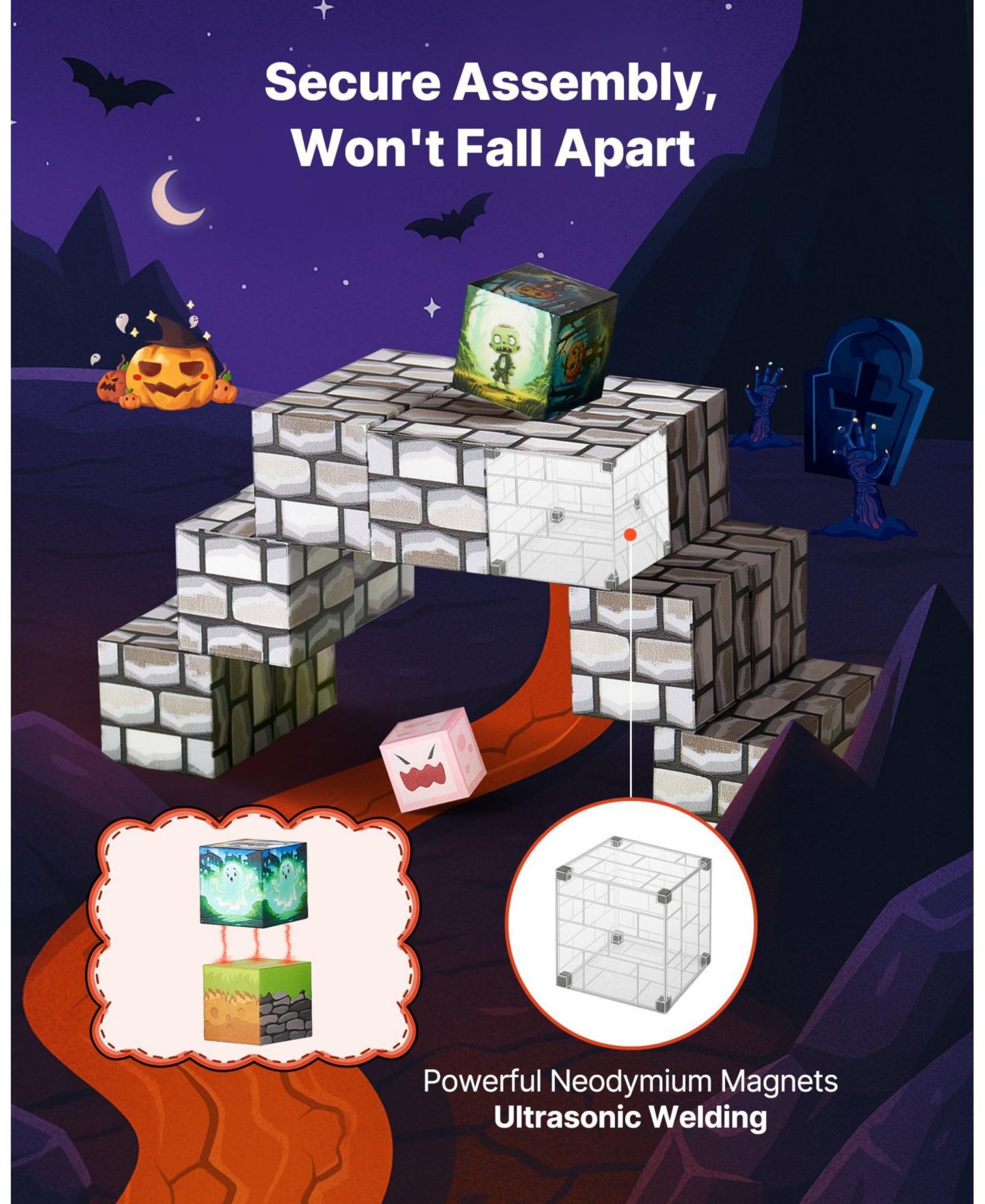 Детские конструкторы HONGGE Zombie Theme Magnetic Building Blocks 100-Piece Set, Ages 3+, цвет: Чёрный — фото 8