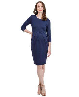 Maternity 3/4 Sleeve Round Neck Front Pleat Dress