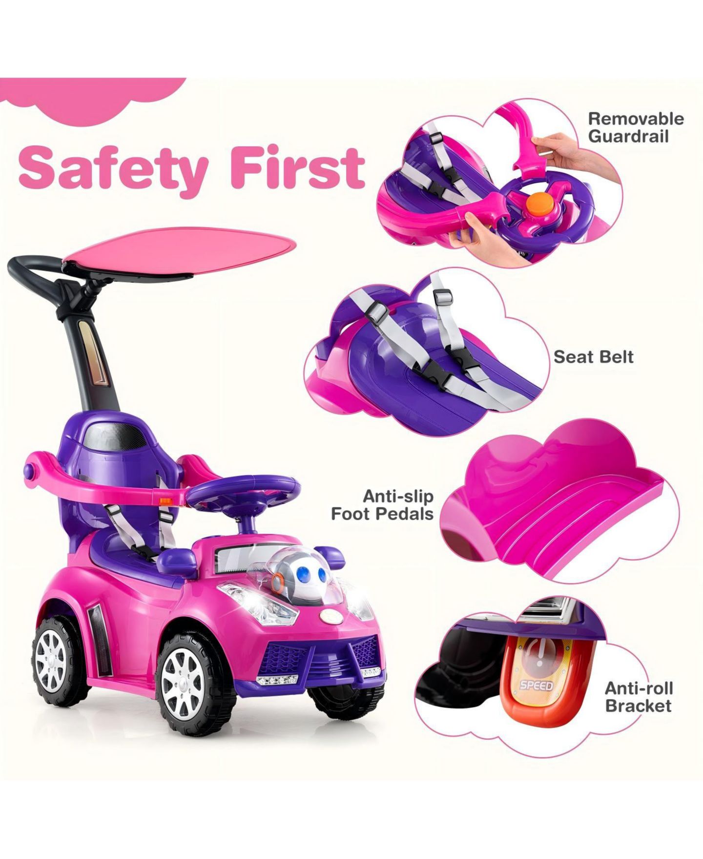 Детская игрушка HONGGE 3-in-1 Toddler Push Car, 38"L x 16"W x 35.5"H, With Removable Sun Canopy and Parental Handle, Ages 1+, цвет: Розовый — фото 5