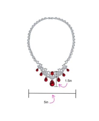 Art Deco Style Ruby Red CZ Cubic Zirconia Statement Bib Necklace and Teardrop Earrings Jewelry Set
