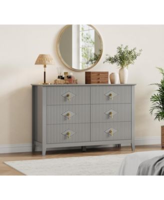 Dresser 48"W, 6-Drawer Modern Wood Chest with Metal Handles, Bedroom Storage Cabinet TV Stand for Living Room