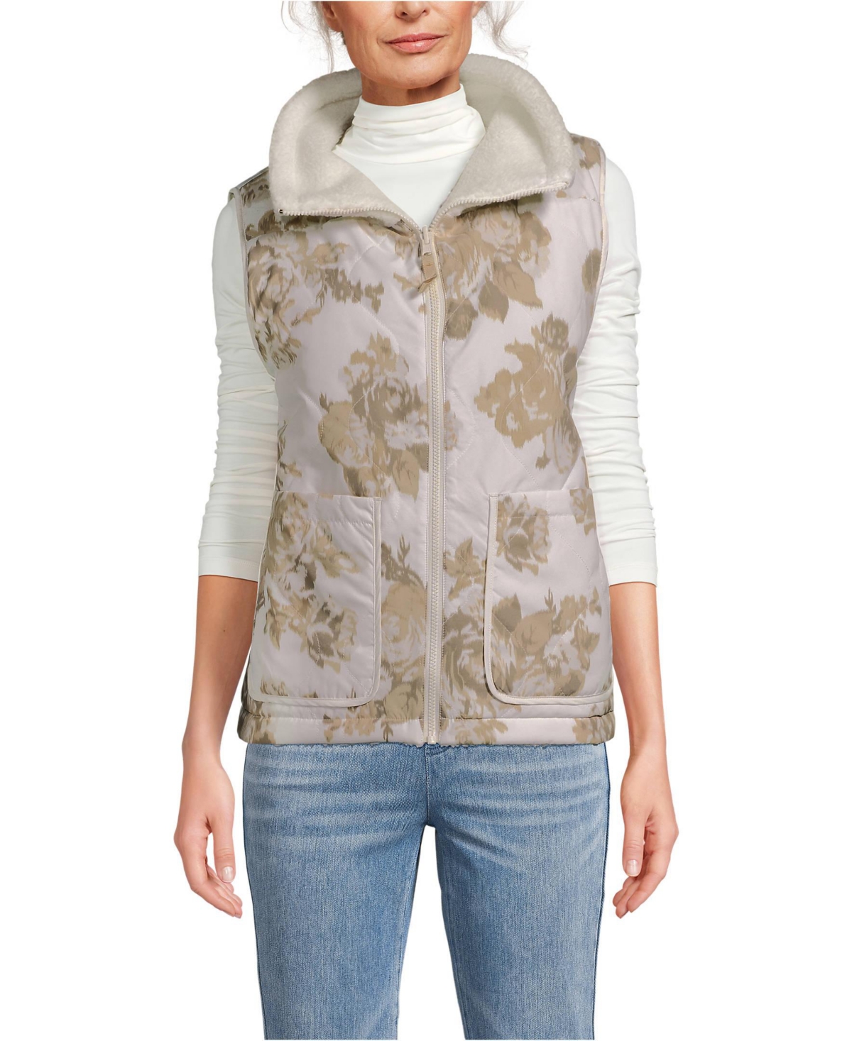Lands' End Women's High Pile Fleece Reversible Mixed Media Vest