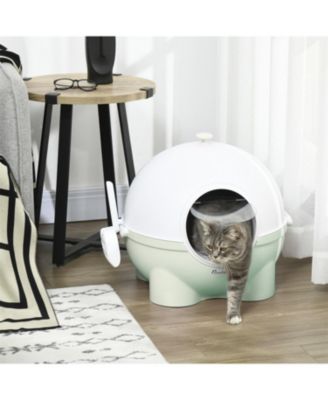 Large Hooded Cat Litter Box with Lid - Includes Scoop, Leak-Proof Sand Pedal & Top Carry Handle, Light Green