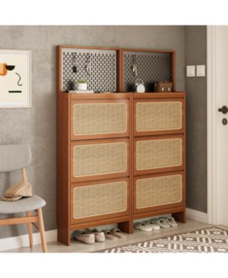 Slim Rattan Shoe Cabinet with Flip-up Storage & Handy Top