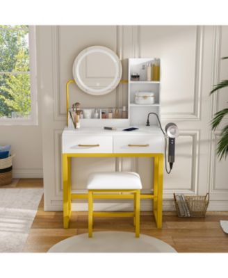 Makeup Vanity with LED Lights, Power Outlet, Drawers & Chair (White