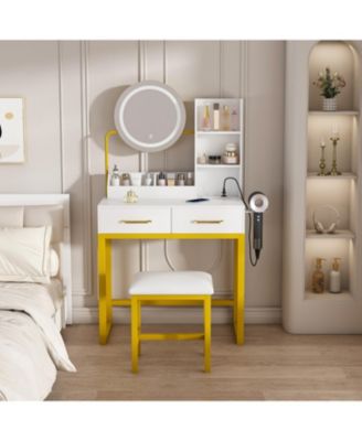 Makeup Vanity with LED Lights, Power Outlet, Drawers & Chair (White