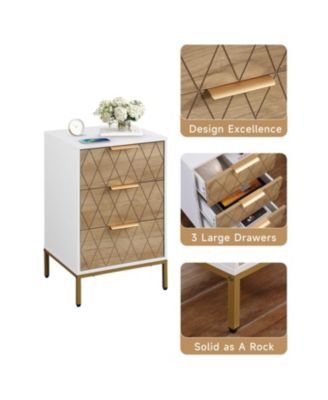 White & Natural Mid-Century Nightstand with Gold Accents
