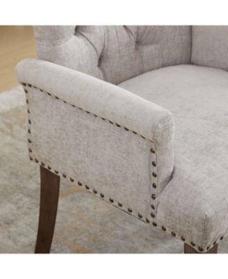 Beige Chenille Dining Chair, Tufted, Wood Legs
