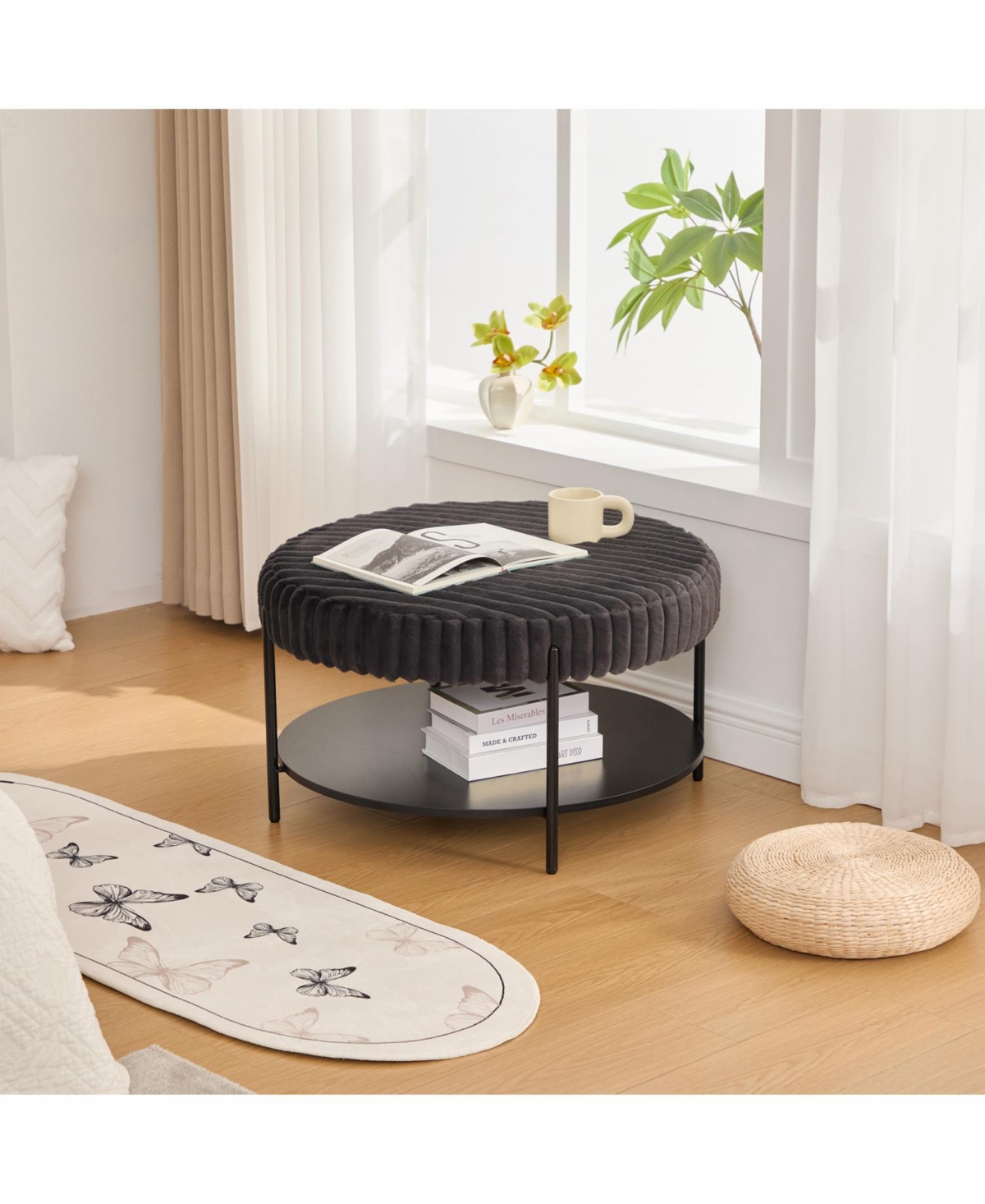 Streamdale Furniture Upholstered Round Ottoman Coffee Table with Storage - Charcoal