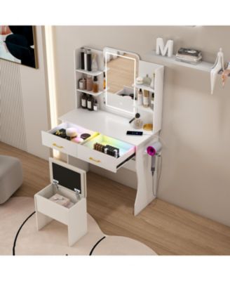 Vanity Desk with LED Lights Mirror, Power Outlet, Drawers & Chair - White