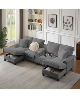 120" Corduroy Sectional Sofa Bed w/Storage, U-Shape, 4-Seater, Cup Holders