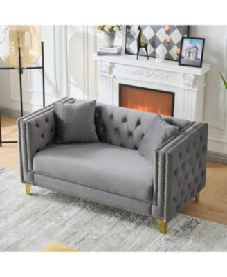 58" Chesterfield Velvet Sofa, 2 Seater, Button Nailhead, Square Arm - Grey