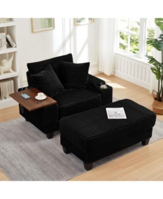 Corduroy Sofa Bed with Ottoman, Bluetooth, USB, Rotating Table