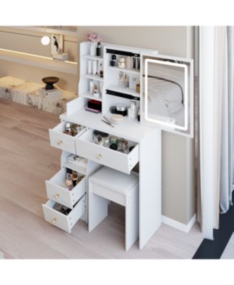 + 3-Piece Set + Wood + LED Mirror + Vanity Table