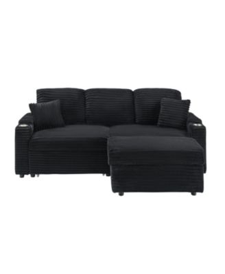  80" Corduroy Sofa with Reclining, Cup Holders & Removable Footstool, Black