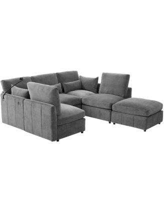  Modern Sectional Sofa U-Shaped Couch w/ Ottoman, USB & Phone Holder - Grey