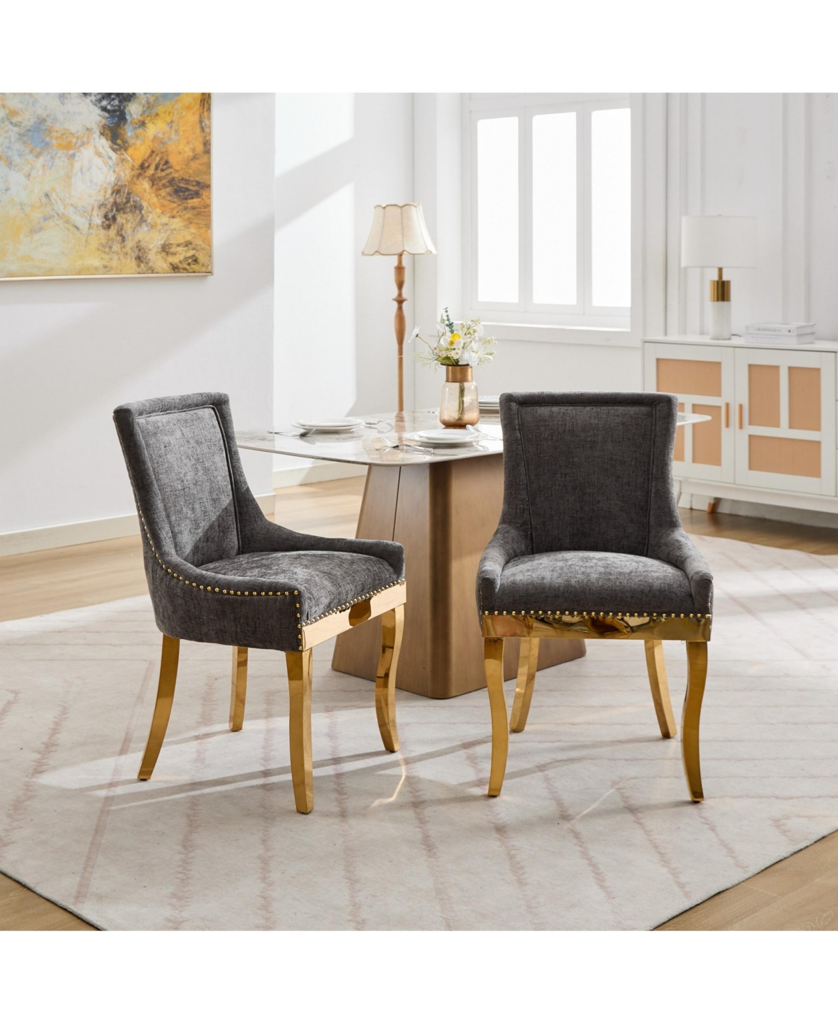 Streamdale Furniture Streamdale Chenille Dining Chairs, Gold Legs, Rivet Trim, Set of 2