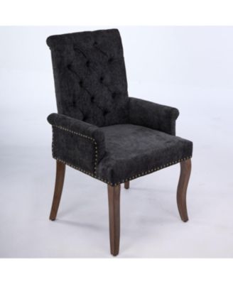 Chenille Upholstered Dining Chair, Wood Legs, Tufted, Black