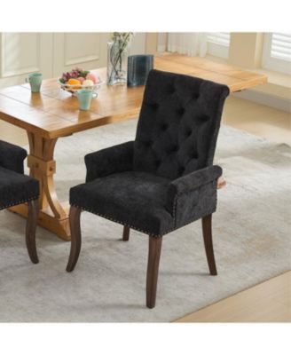 Chenille Upholstered Dining Chair, Wood Legs, Tufted, Black