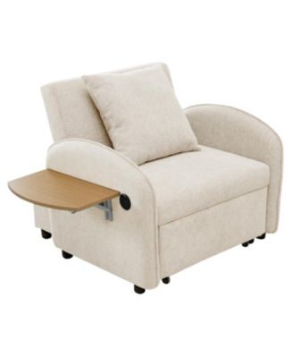 Convertible Chair Bed- 3-in-1 Pull-Out Sofa with USB & Desk (Creamy White